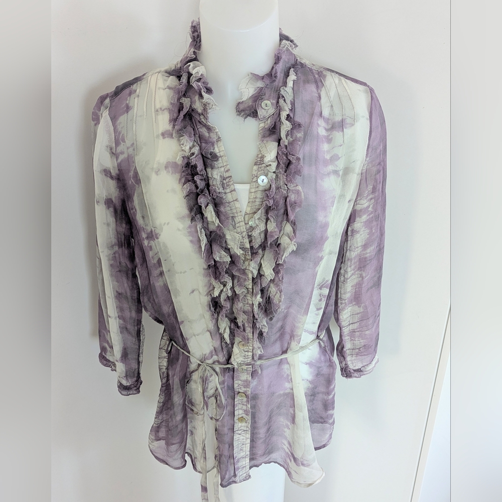 DA-NANG Silk Long Sleeve Tie Dye Blouse with Ruffle Front, Purple/Light Grey;SzM - Picture 4 of 10